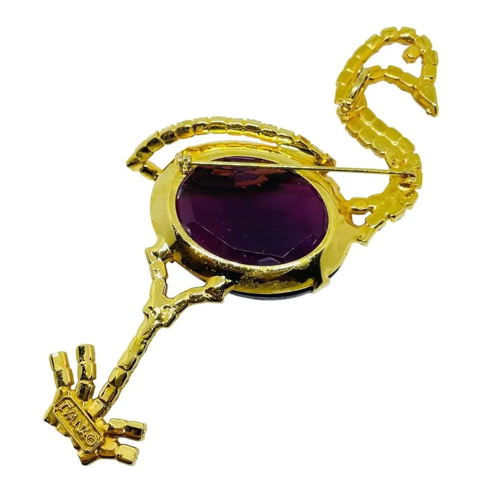 IVANA signed vintage gold tone glass flamingo figural designer brooch
